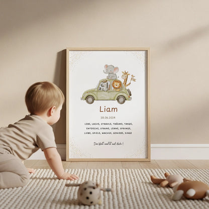 Personalisiertes Geburtsposter mit Safari-Tieren und Name Liam, Datum und liebevollem Design.