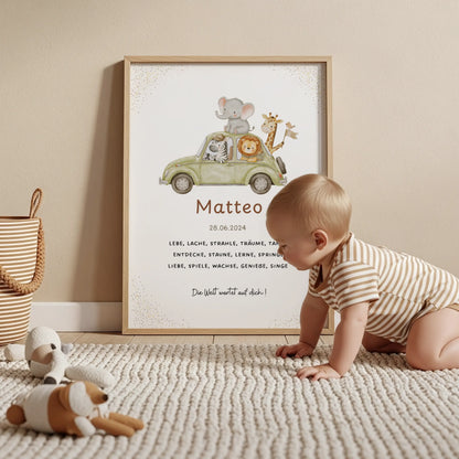 Personalisiertes Geburtsposter Safari – Poster mit Name Matteo und Geburtsdaten auf einem Wandbild.