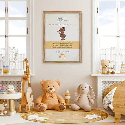 Personalisiertes Geburtsposter Baby mit Bär und Blume in Braun, Grün und Orange – mit Name, Geburtsdaten, Größe, Gewicht, Uhrzeit und Sternzeichen. Modernes Poster mit Regenbogen und Spruch – einzigartiges Geschenk zur Geburt oder Taufe.