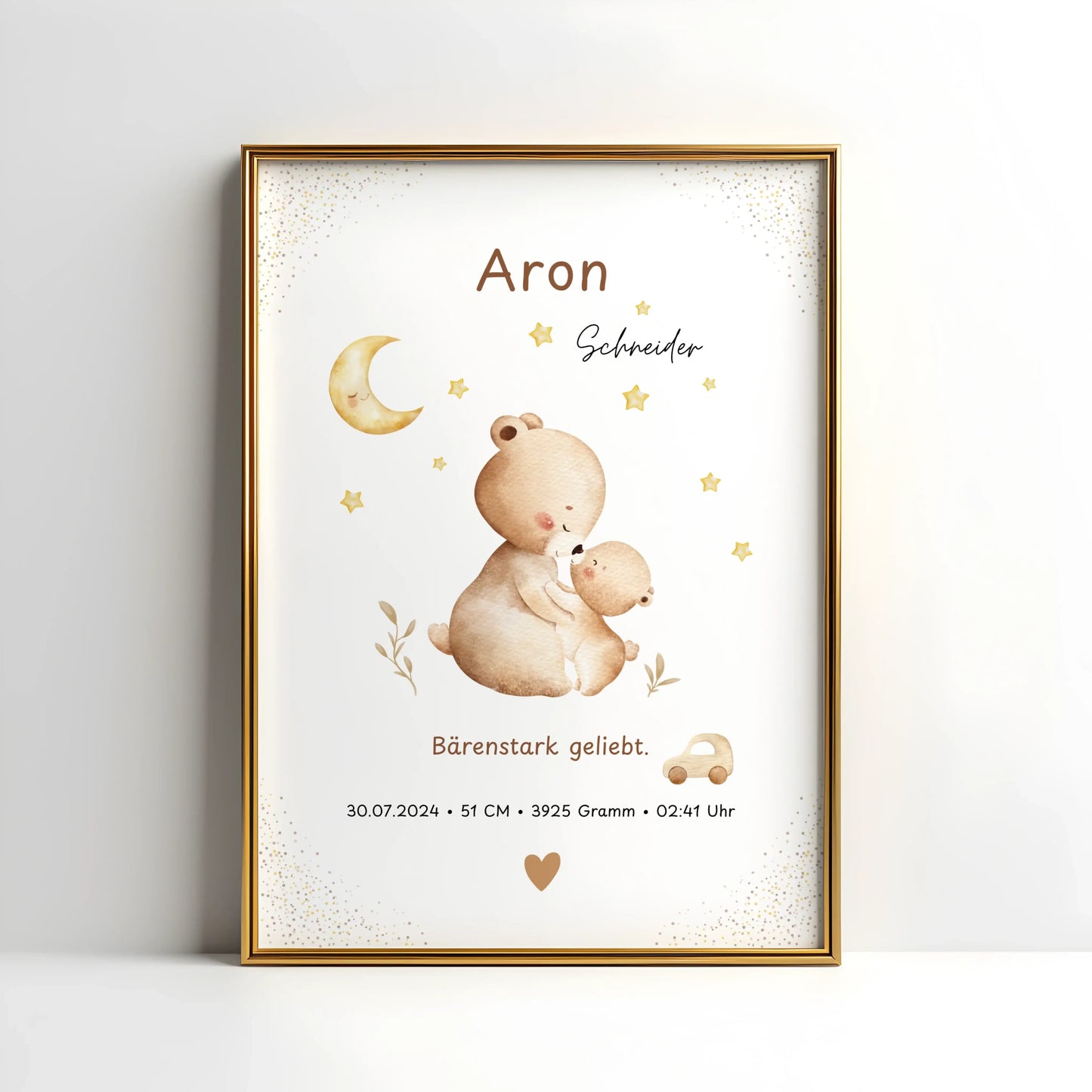 Personalisiertes Geburtsposter „Bärenstark geliebt“ mit Bärenmotiven und Mond für Kinderzimmer