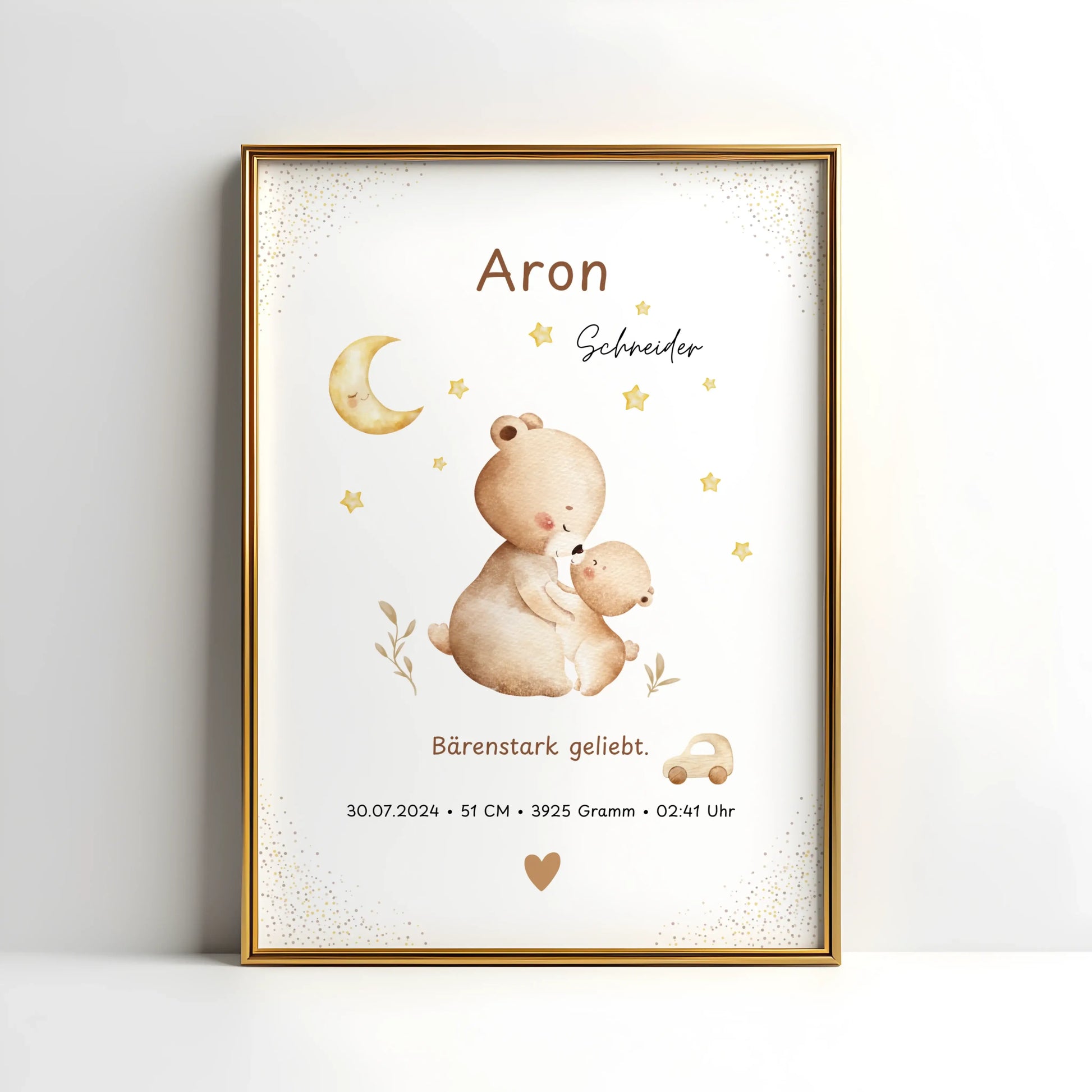 Personalisiertes Geburtsposter „Bärenstark geliebt“ mit Bärenmotiven und Mond für Kinderzimmer