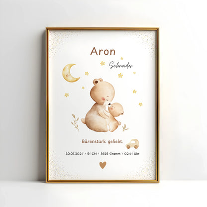 Personalisiertes Geburtsposter „Bärenstark geliebt“ mit Bärenmotiven und Mond für Kinderzimmer