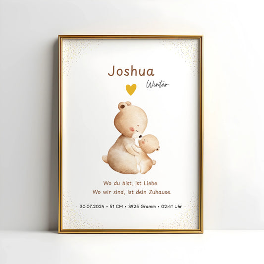 Personalisiertes Geburtsposter „Zuhause“ mit süßem Bärenkind und emotionalem Text für Kinderzimmer.