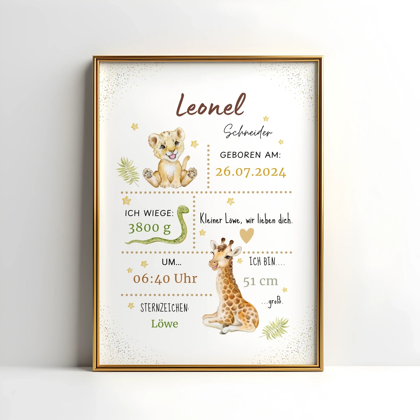 Personalisiertes Geburtsposter „Kleiner Löwe“ mit Baby-Löwe, Geburtsdaten und Safari-Design.