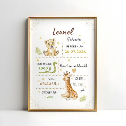 Personalisiertes Geburtsposter „Kleiner Löwe“ mit Baby-Löwe, Geburtsdaten und Safari-Design.