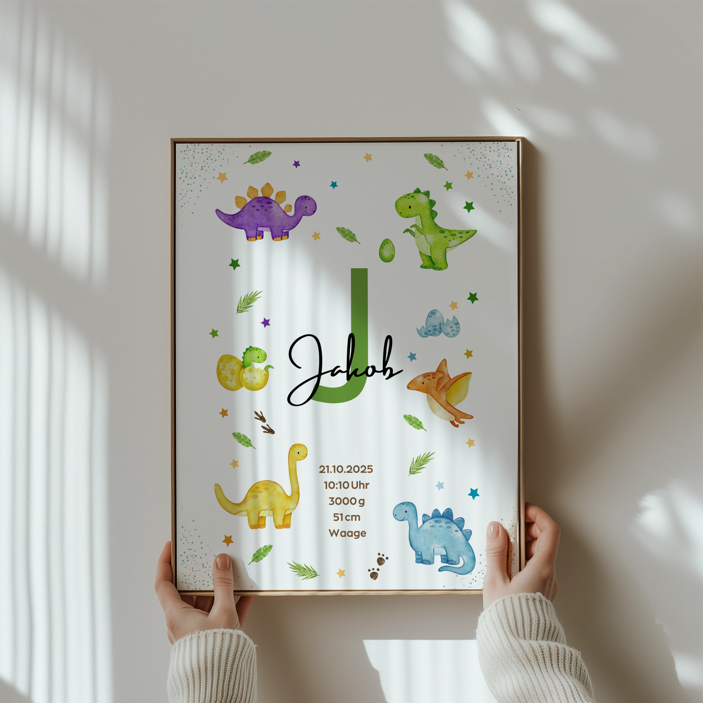 Personalisiertes Geburtsposter Dinosaurier – Baby Poster mit Namen & Initialie - Kibimemories