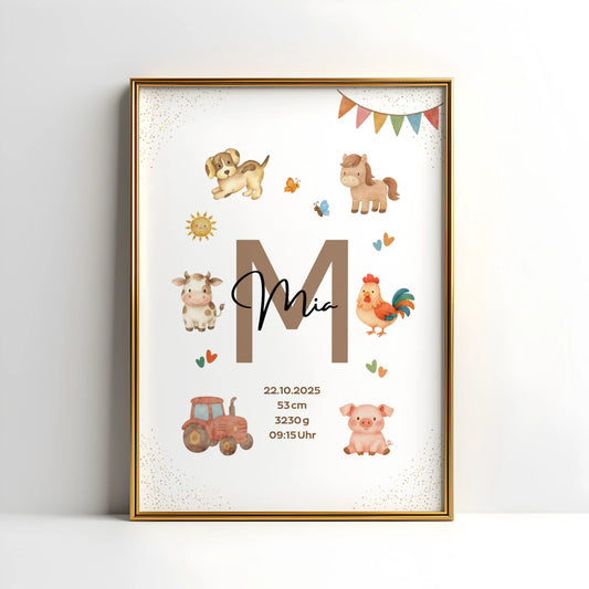 Personalisiertes Geburtsposter Bauernhof – Baby Poster mit Namen & Initial - Kibimemories