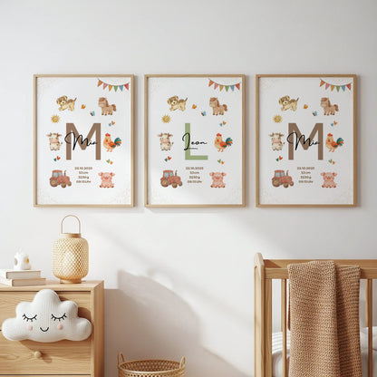 Personalisiertes Geburtsposter Bauernhof – Baby Poster mit Namen & Initial - Kibimemories