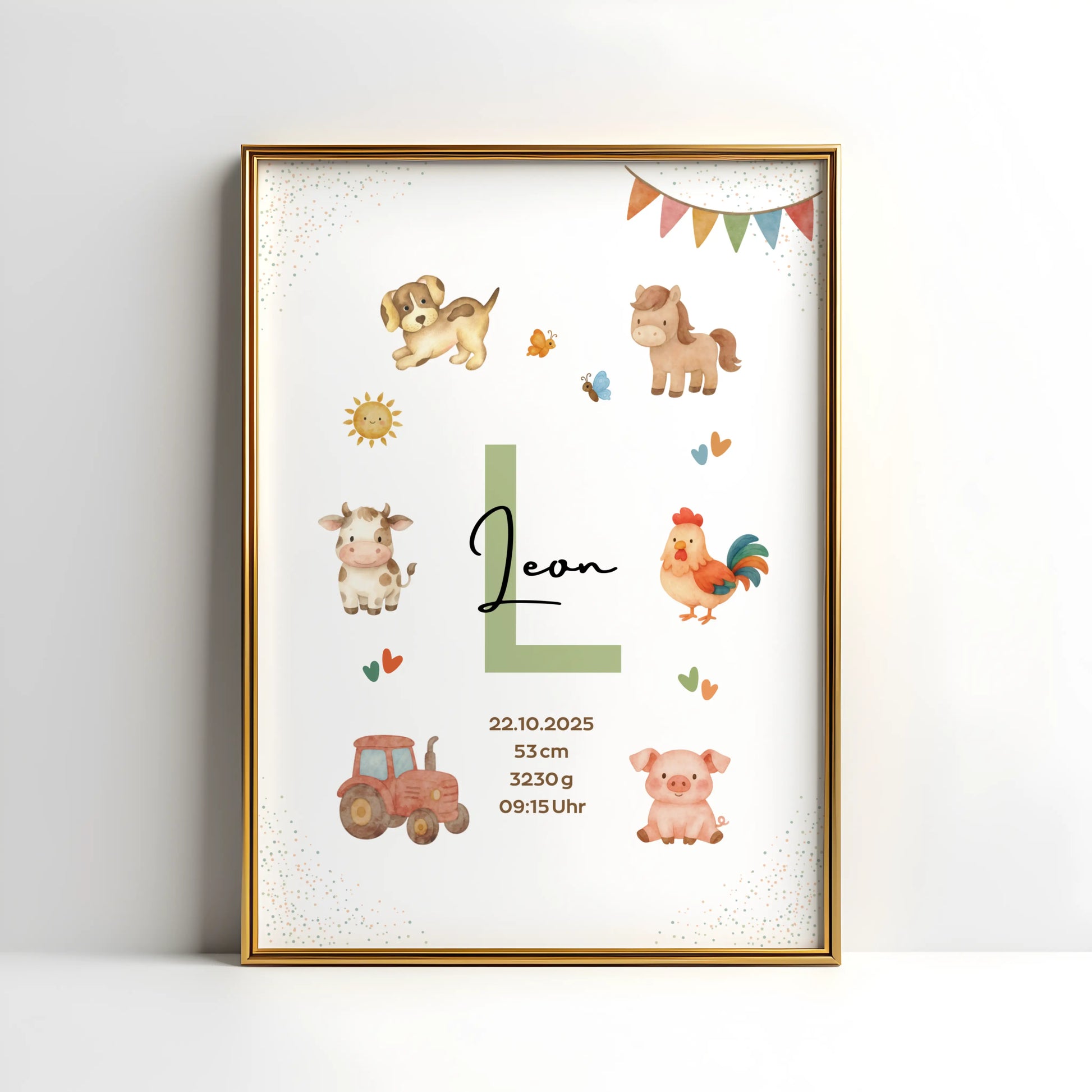 Personalisiertes Geburtsposter Bauernhof – Baby Poster mit Namen & Initial - Kibimemories
