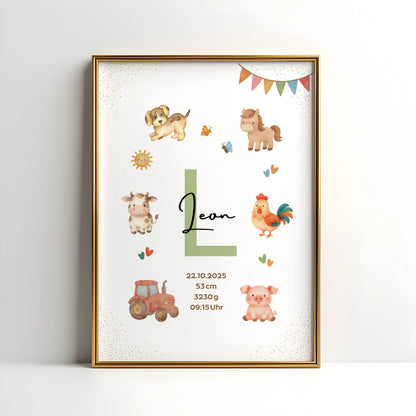 Personalisiertes Geburtsposter Bauernhof – Baby Poster mit Namen & Initial - Kibimemories