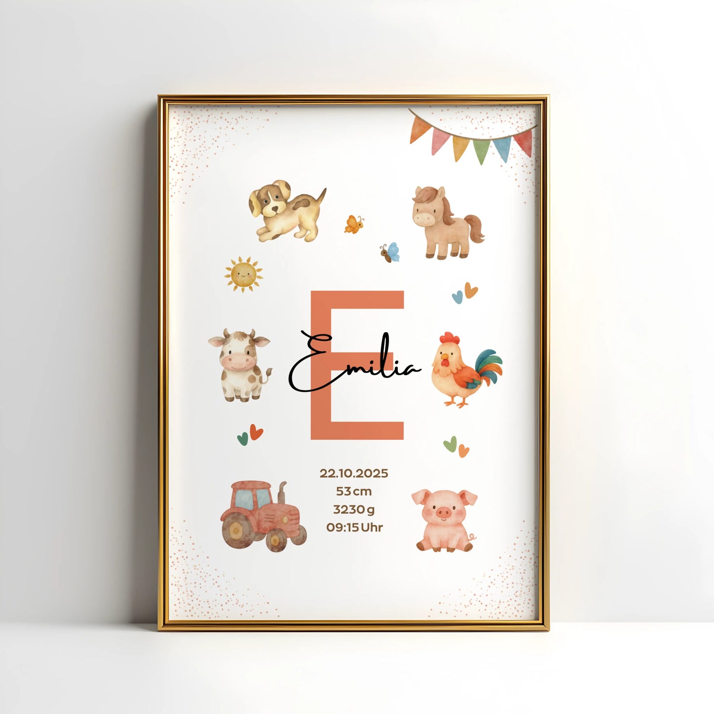 Personalisiertes Geburtsposter Bauernhof – Baby Poster mit Namen & Initial - Kibimemories