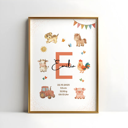 Personalisiertes Geburtsposter Bauernhof – Baby Poster mit Namen & Initial - Kibimemories