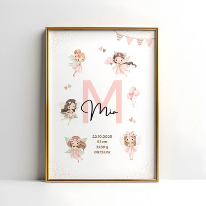Personalisiertes Geburtsposter Fee – Baby Poster mit Namen & Initial - Kibimemories