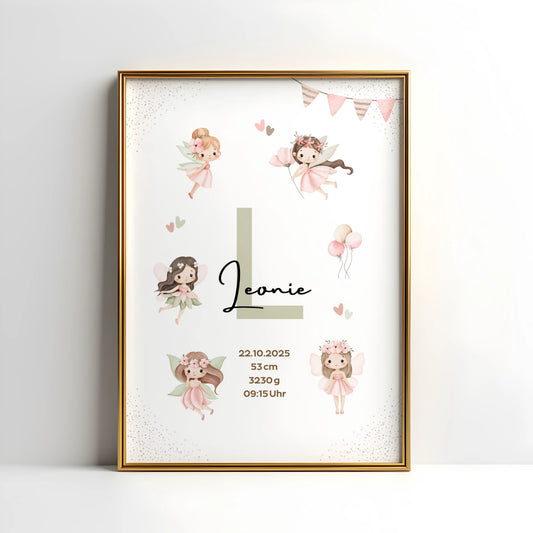 Personalisiertes Geburtsposter Fee – Baby Poster mit Namen & Initial - Kibimemories