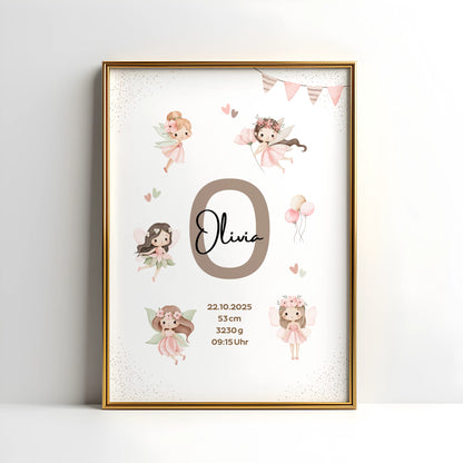 Personalisiertes Geburtsposter Fee – Baby Poster mit Namen & Initial - Kibimemories