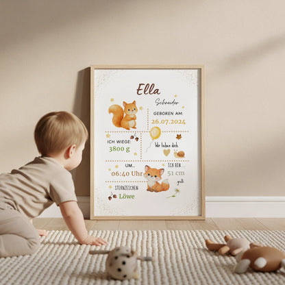Personalisiertes Geburtsposter Fuchs – Baby Poster mit Name & Geburtsdaten - Kibimemories