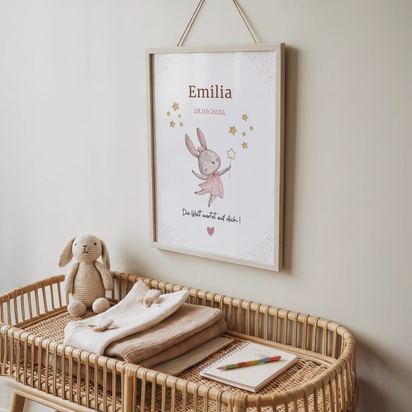 Personalisiertes Geburtsposter Hase mit Name und Geburtsdatum für Babyzimmerdekoration