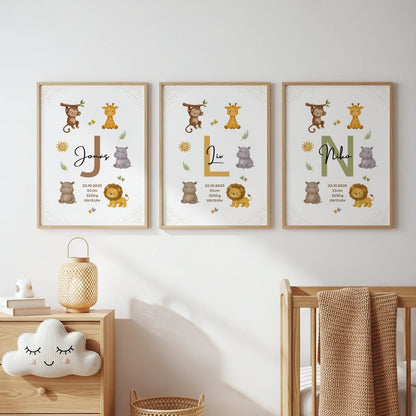 Personalisiertes Geburtsposter Safari – Baby Poster mit Namen & Initial - Kibimemories