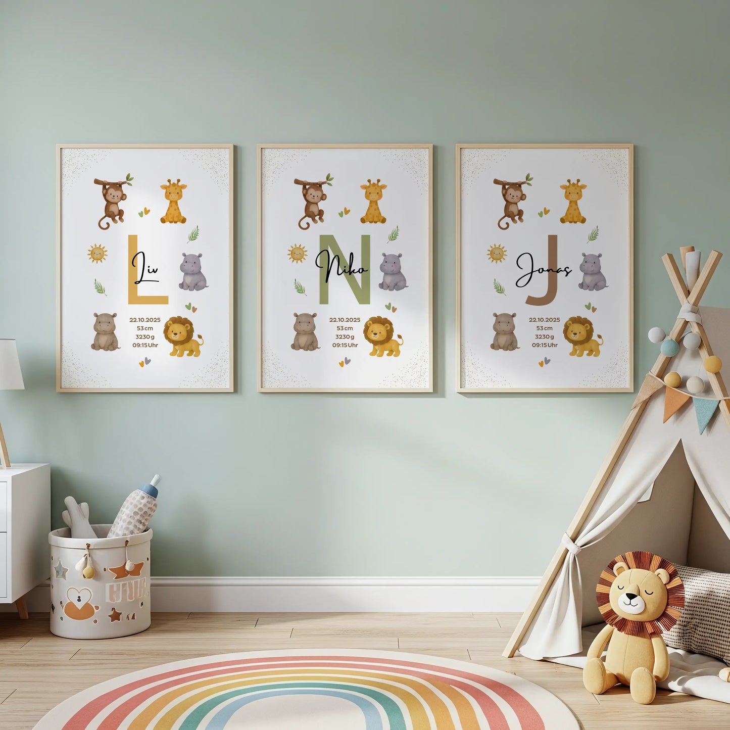 Personalisiertes Geburtsposter Safari – Baby Poster mit Namen & Initial - Kibimemories