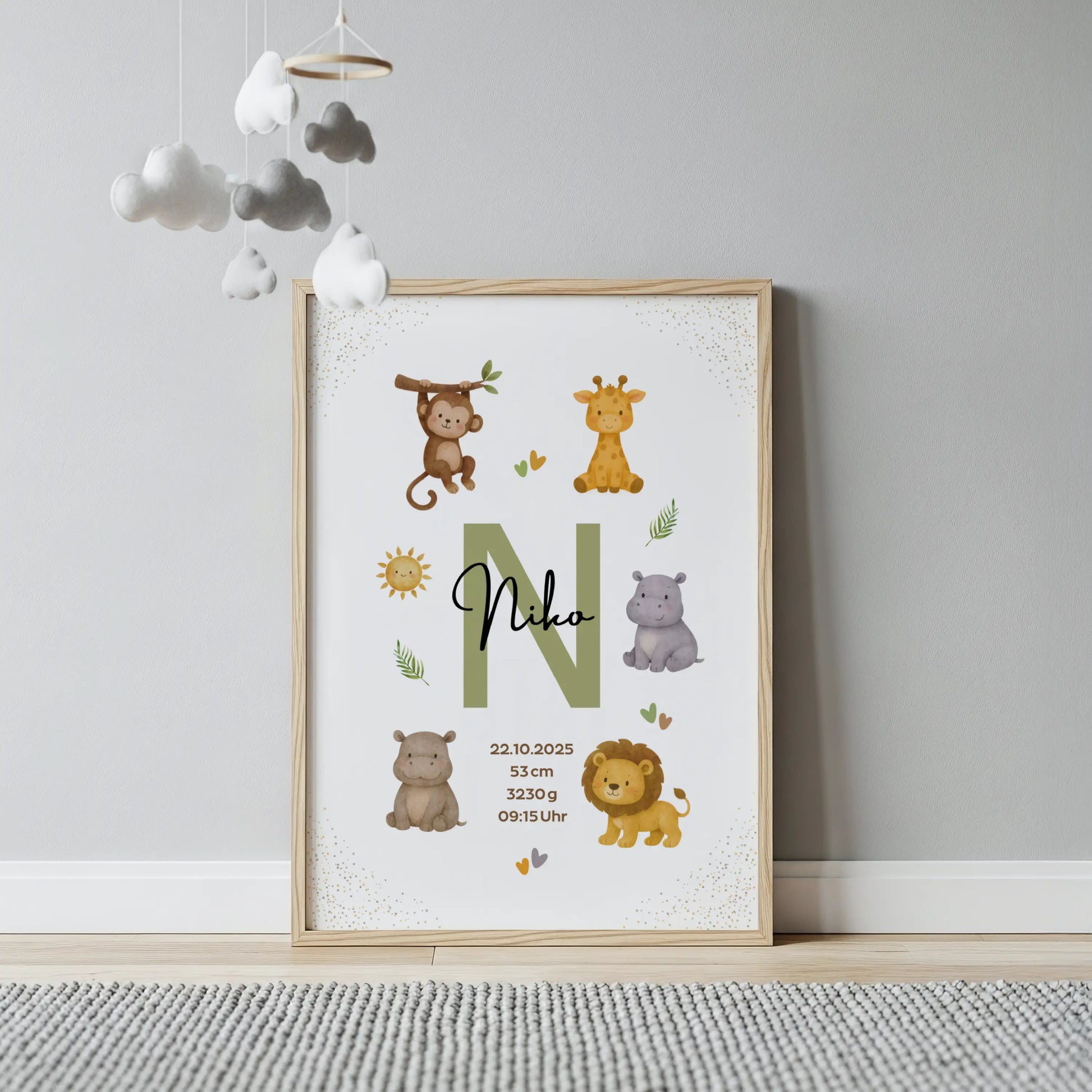 Personalisiertes Geburtsposter Safari – Baby Poster mit Namen & Initial - Kibimemories