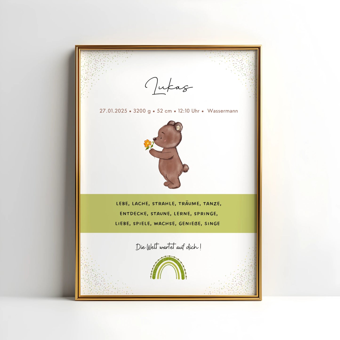 Personalisiertes Geburtsposter Mädchen mit Bär und Blume – Baby Poster mit Geburtsdaten, Sternzeichen, Gewicht, Größe und Uhrzeit. Niedliche Illustration mit Regenbogen, modernem Design und liebevollem Spruch – ideales Geschenk zur Geburt oder Taufe.