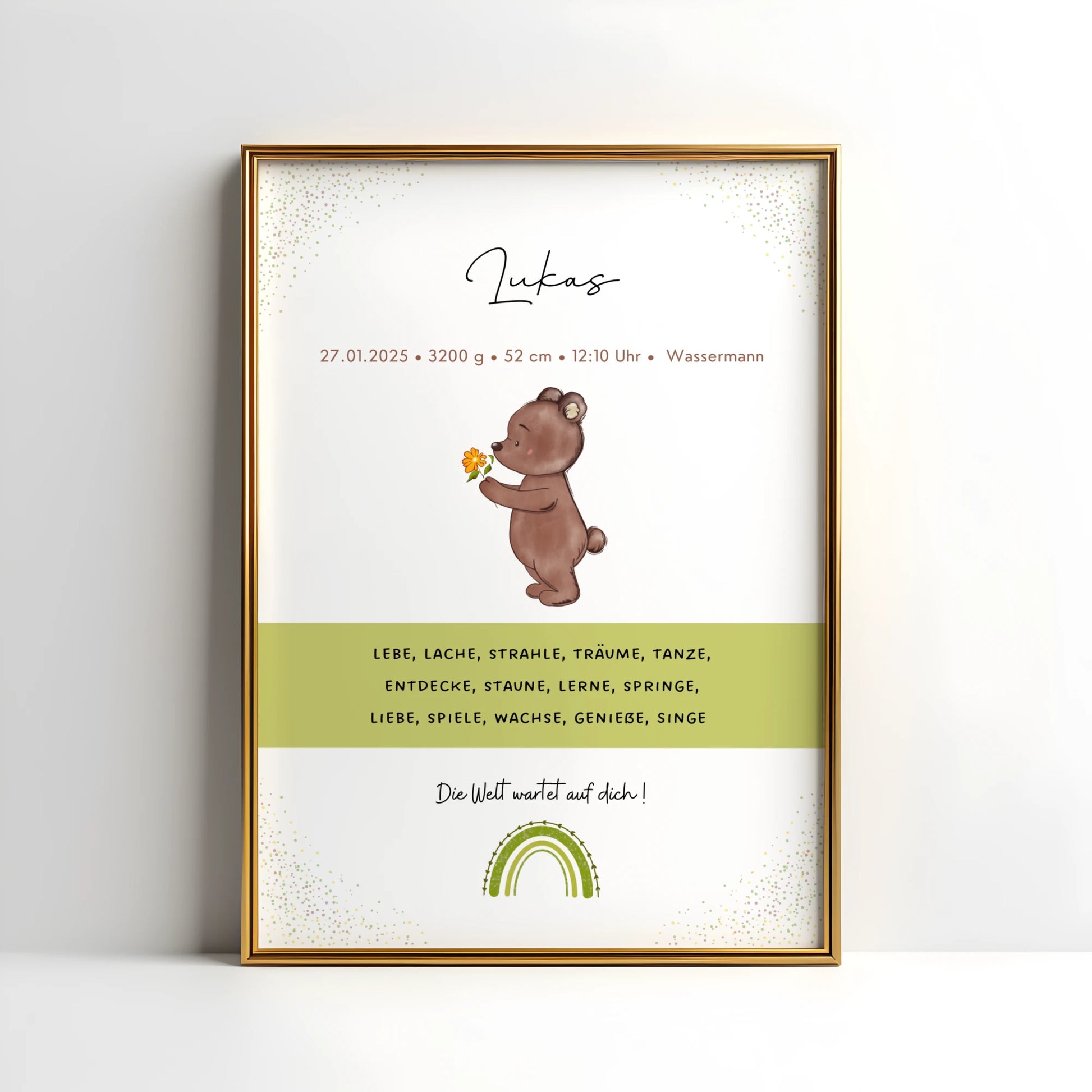 Personalisiertes Geburtsposter Mädchen mit Bär und Blume – Baby Poster mit Geburtsdaten, Sternzeichen, Gewicht, Größe und Uhrzeit. Niedliche Illustration mit Regenbogen, modernem Design und liebevollem Spruch – ideales Geschenk zur Geburt oder Taufe.