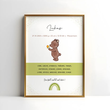 Personalisiertes Geburtsposter Mädchen mit Bär und Blume – Baby Poster mit Geburtsdaten, Sternzeichen, Gewicht, Größe und Uhrzeit. Niedliche Illustration mit Regenbogen, modernem Design und liebevollem Spruch – ideales Geschenk zur Geburt oder Taufe.
