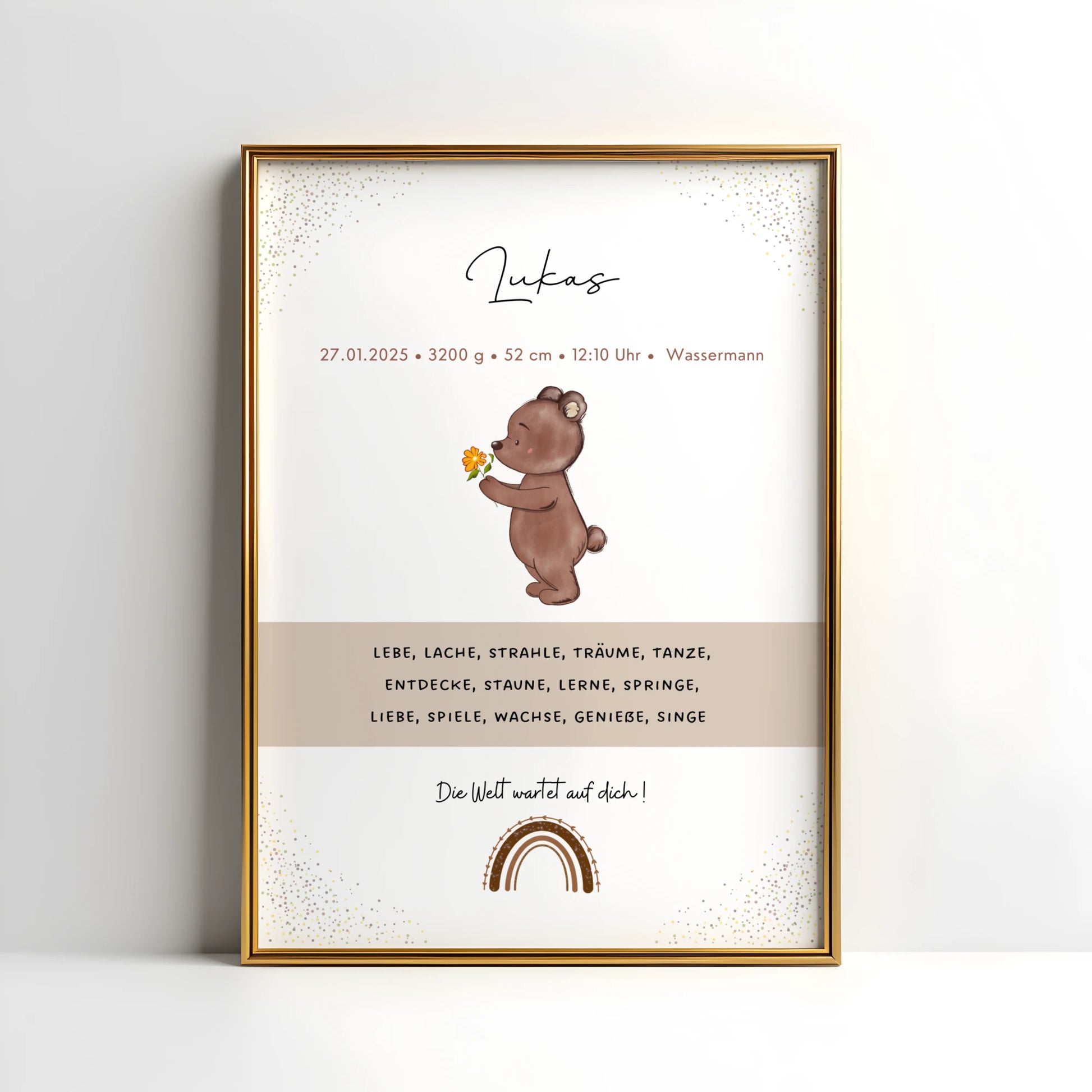 Personalisiertes Geburtsposter Mädchen mit Bär und Blume – Baby Poster mit Geburtsdaten, Sternzeichen, Gewicht, Größe und Uhrzeit. Niedliche Illustration mit Regenbogen, modernem Design und liebevollem Spruch – ideales Geschenk zur Geburt oder Taufe.