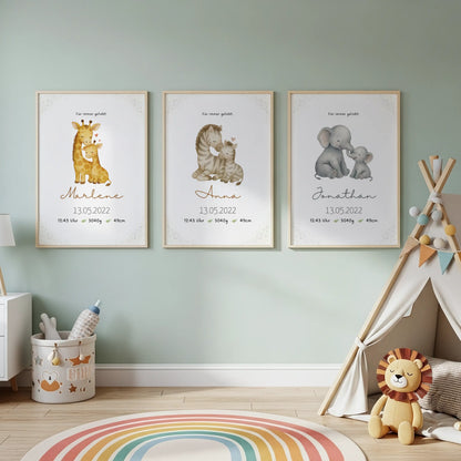 Personalisiertes Geburtsposter Safari – Baby Poster mit Name & Geburtsdaten - Kibimemories