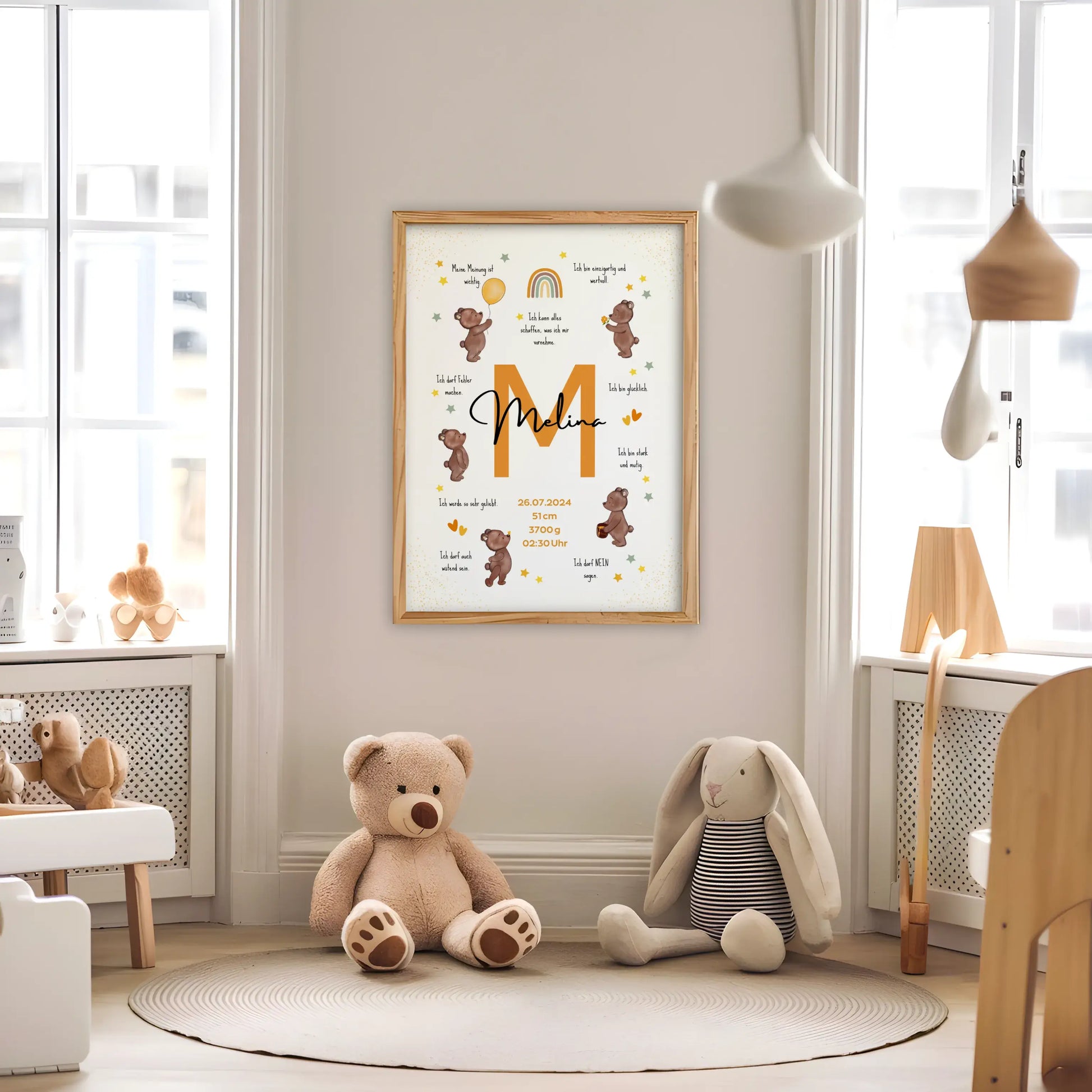 Personalisiertes Affirmationsposter mit Name, Geburtsdaten und liebevollen Botschaften – Geburtsposter mit Bärenmotiv für starke Kinder und das Kinderzimmer