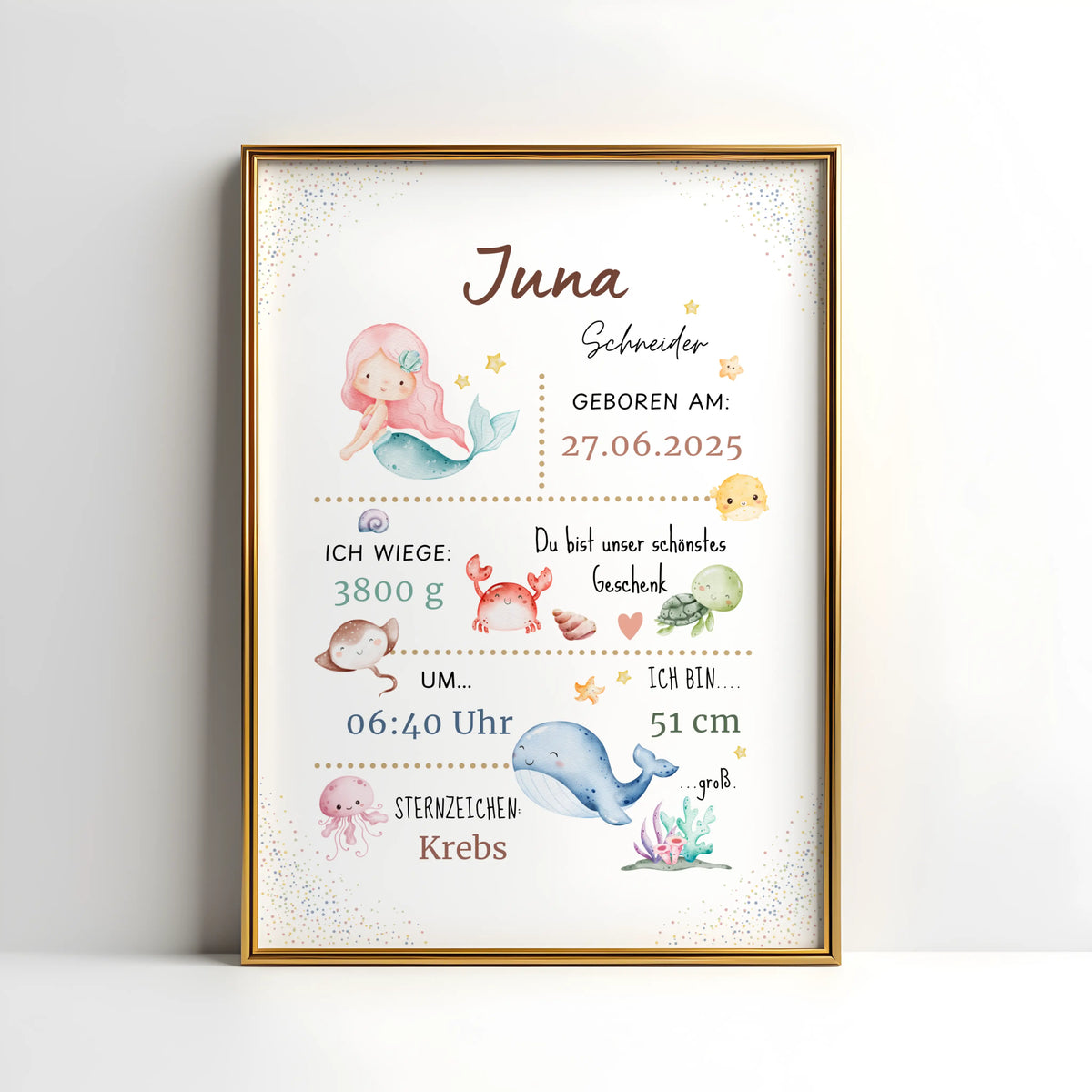 Personalisiertes Geburtsposter Meerjungfrau mit Meerestieren, gestaltet für das Baby von Juni 2025.