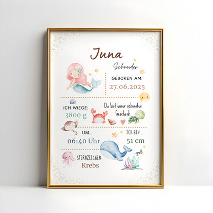 Personalisiertes Geburtsposter Meerjungfrau mit Meerestieren, gestaltet für das Baby von Juni 2025.