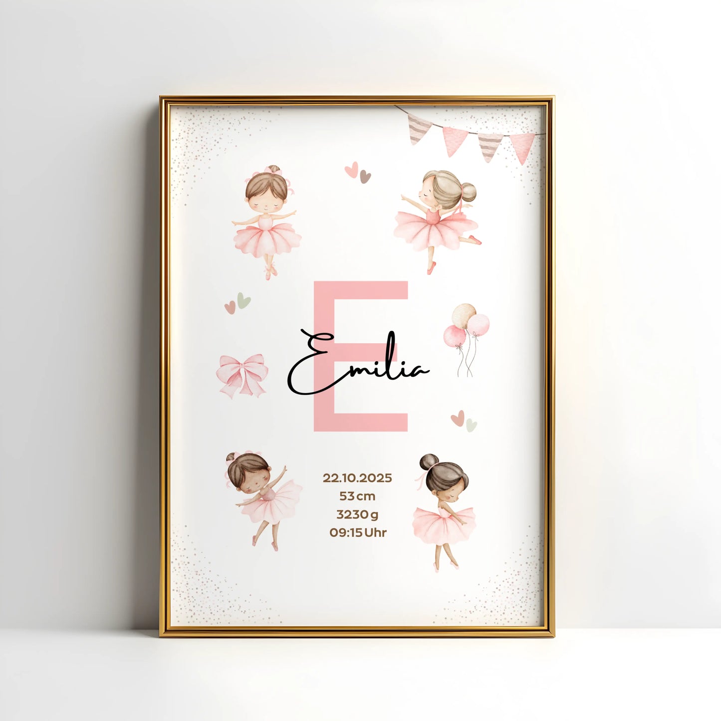 Personalisiertes Geburtsposter mit Ballerina-Design für Emilia und Geburtsdaten.