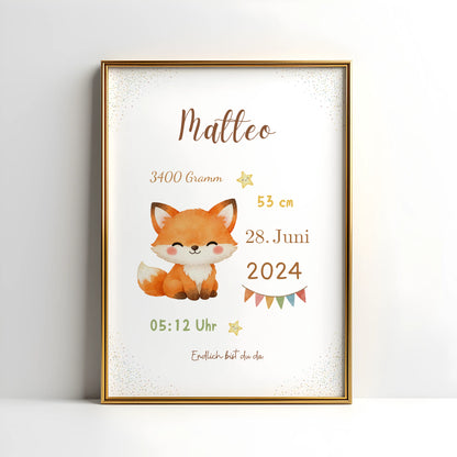Personalisiertes Geburtsposter Tiere – Baby Poster mit Name und Geburtsdaten - Kibimemories