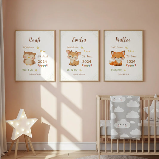 Personalisiertes Geburtsposter Tiere – Baby Poster mit Name und Geburtsdaten - Kibimemories