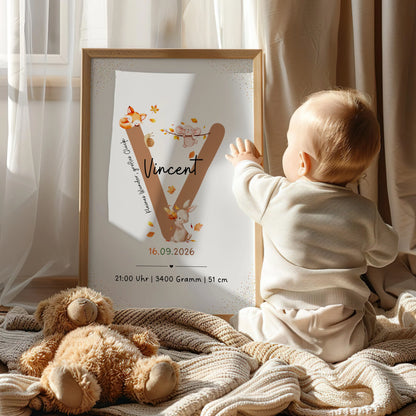 Personalisiertes Buchstabenposter mit herbstlichen Waldtieren, das den Namen Vincent zeigt.