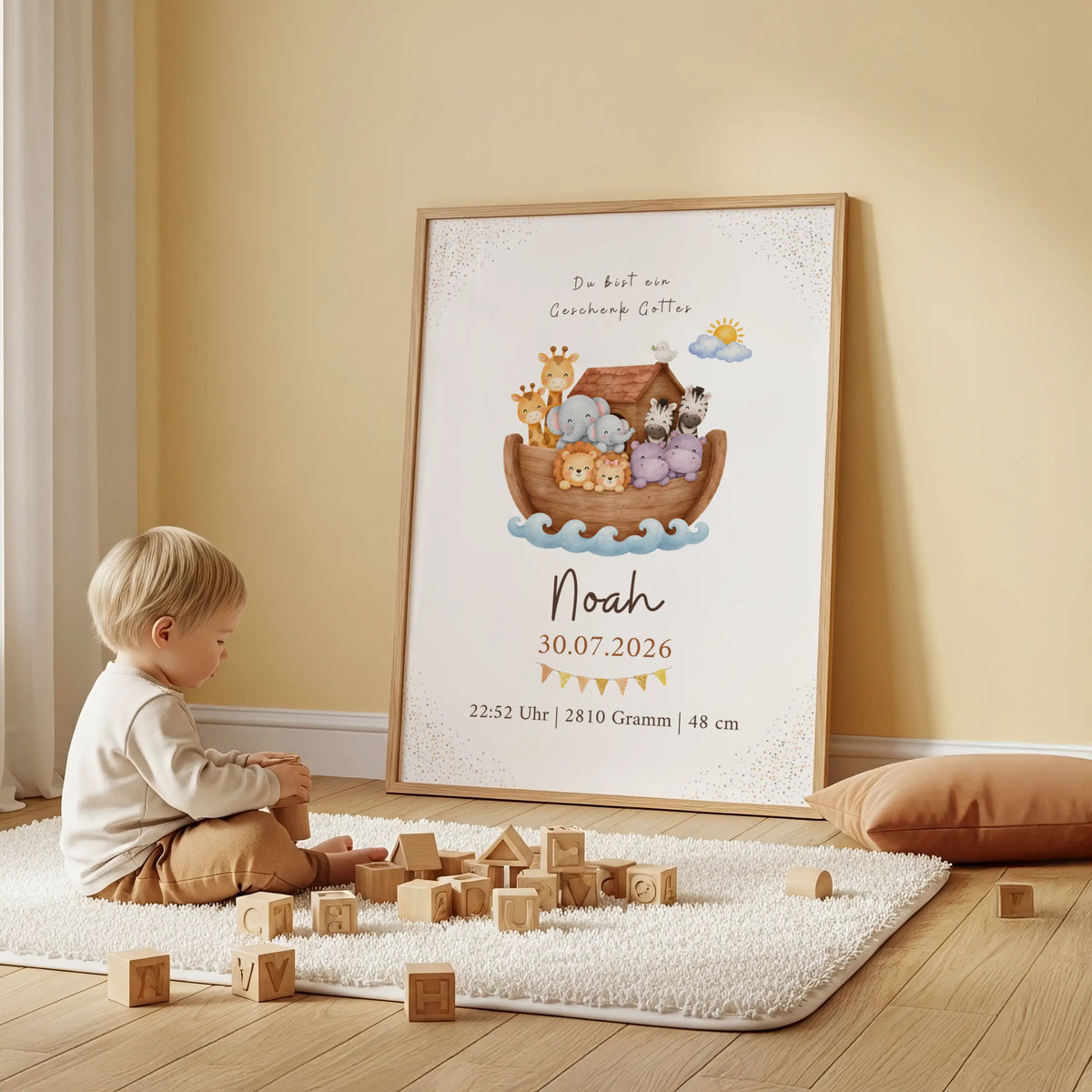 Christliches Geburtsposter Arche Noah mit Tieren, personalisiert für Noah, mit Tieren auf der Arche.