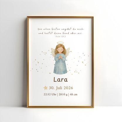Christliches Geburtsposter Schutzengel mit Bibelvers, Aquarellengel in goldrahmen, personalisiert für Lara.