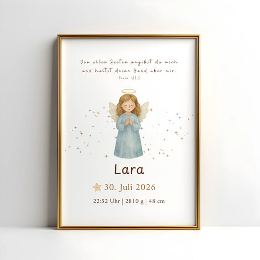 Christliches Geburtsposter Schutzengel mit Bibelvers, Aquarellengel in goldrahmen, personalisiert für Lara.