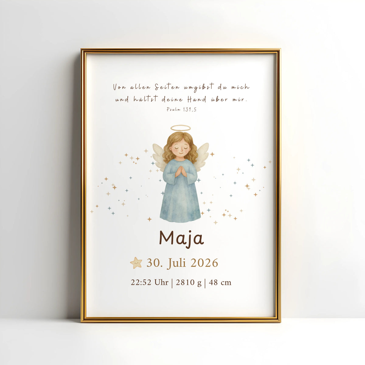 Christliches Geburtsposter Schutzengel mit Bibelvers, personalisierte Erinnerung mit Engel und Daten zur Geburt.
