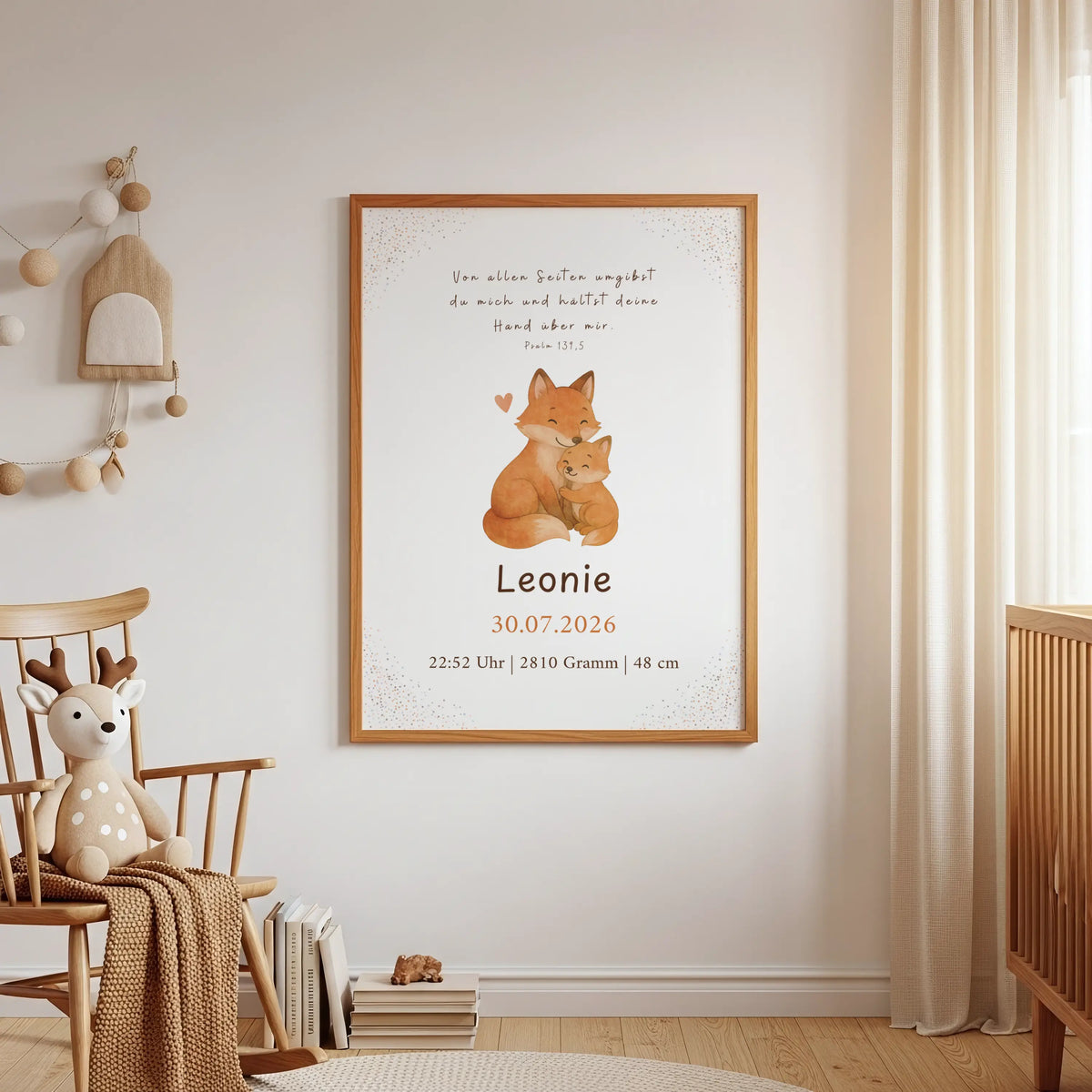 Christliches Geburtsposter Fuchsmama und Baby mit Bibelvers, personalisiert mit Daten und Zeichnung.
