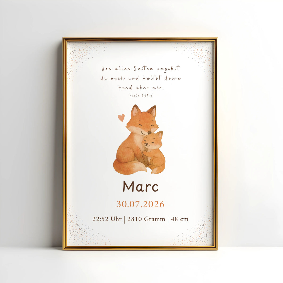 Christliches Geburtsposter Fuchsmama und Baby mit Bibelvers, personalisierte Wanddekoration für Babys