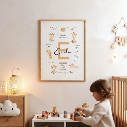 Personalisiertes Affirmationsposter mit Giraffen für Emelie, dekoriert mit niedlichen Giraffen und positiven Botschaften.