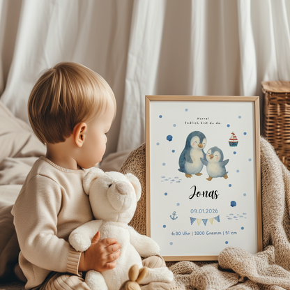 Personalisiertes Geburtsposter Pinguin Mama und Baby personalisiert mit Namen und Geburtsdaten