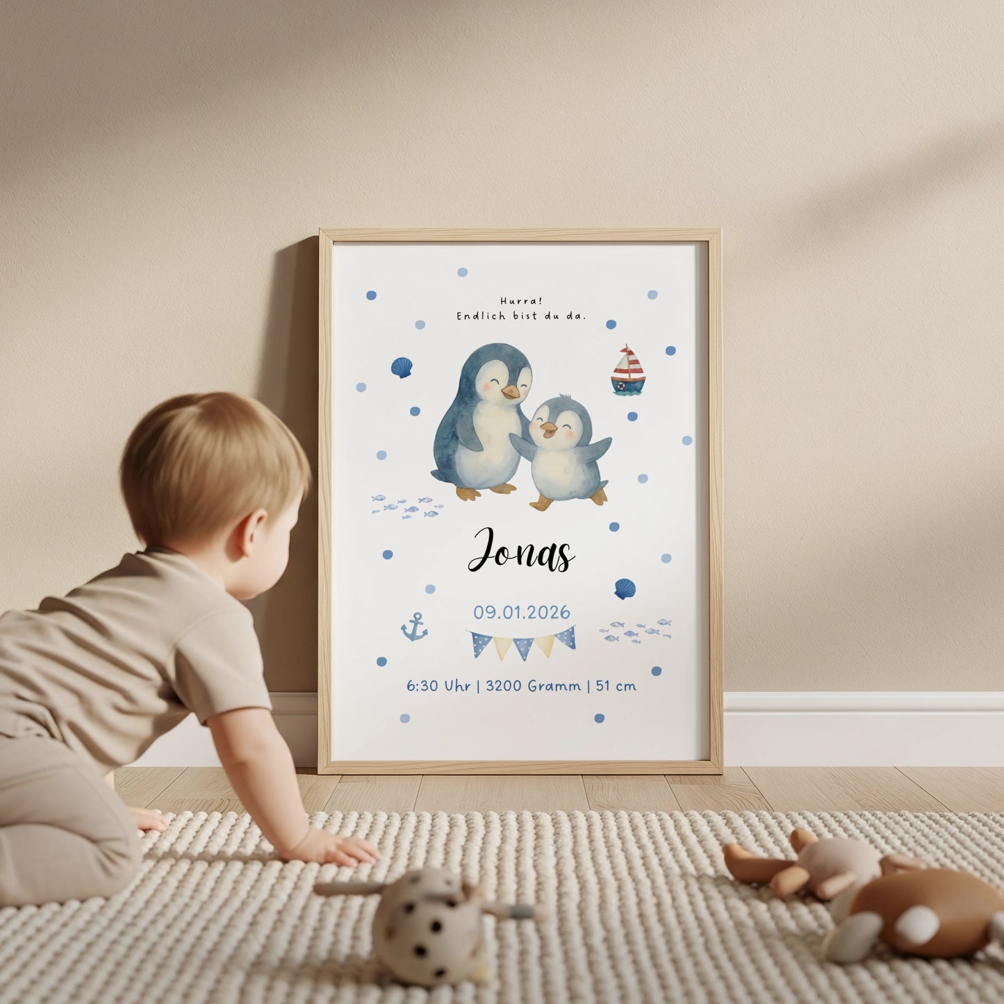 Personalisiertes Geburtsposter Pinguin mit Baby – Name & Geburtsdaten - Kibimemories
