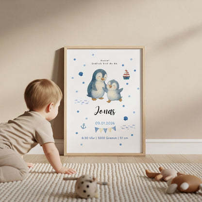 Personalisiertes Geburtsposter Pinguin mit Baby – Name & Geburtsdaten - Kibimemories