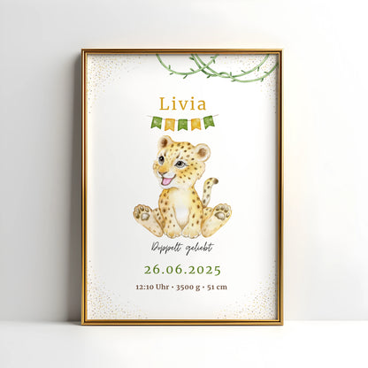 Personalisiertes Geburtsposter für Zwillinge Löwe Safari Poster mit Namen und Geburtsdaten für Kinderzimmer