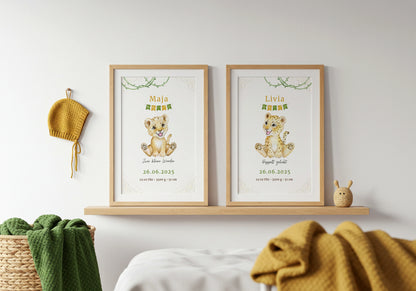 Personalisiertes Geburtsposter für Zwillinge Löwe Safari Poster für Zwillinge im Kinderzimmer.