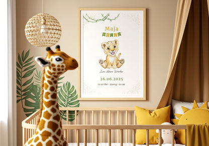 Zwillinge personalisiertes Geburtsposter mit Löwenmotiv – personalisiertes Baby Poster mit Geburtsdaten