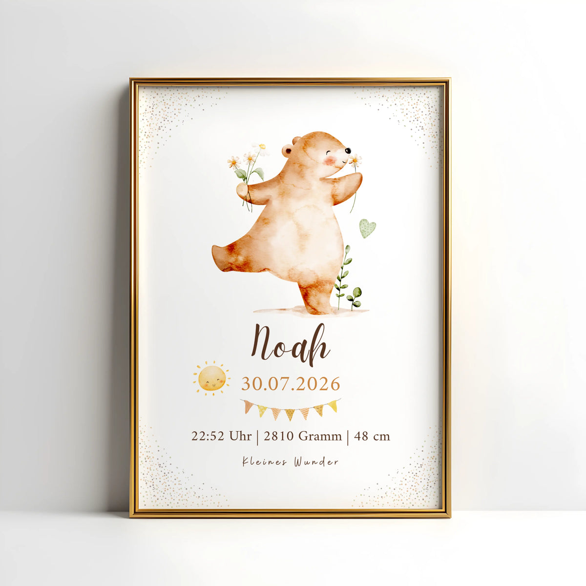 Personalisiertes Geburtsposter Bär mit Blumen und Sonne für Noah, inklusive Geburtsdatum und Maße.